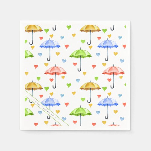 Colorful Watercolor Umbrellas and Falling Hearts Napkins