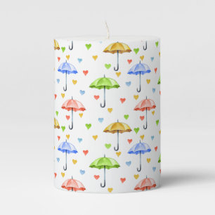 Colorful Watercolor Umbrellas and Falling Hearts Pillar Candle