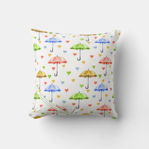 Colorful Watercolor Umbrellas and Falling Hearts Throw Pillow