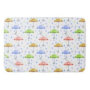 Colorful Watercolor Umbrellas and Rain Drops Fall Bath Mat