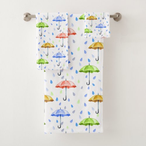 Colorful Watercolor Umbrellas and Rain Drops Fall Bath Towel Set