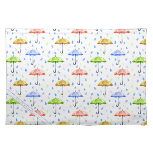 Colorful Watercolor Umbrellas and Rain Drops Fall Cloth Placemat