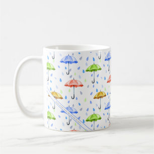 Colorful Watercolor Umbrellas and Rain Drops Fall Coffee Mug