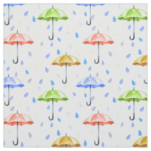 Colorful Watercolor Umbrellas and Rain Drops Fall Fabric