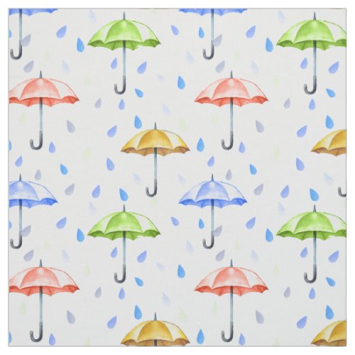 Colorful Watercolor Umbrellas and Rain Drops Fall Fabric