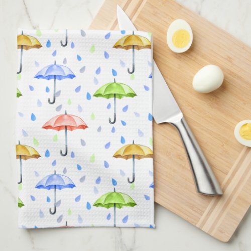 Colorful Watercolor Umbrellas and Rain Drops Fall Kitchen Towel