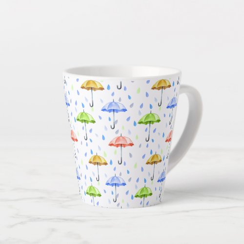 Colorful Watercolor Umbrellas and Rain Drops Fall Latte Mug