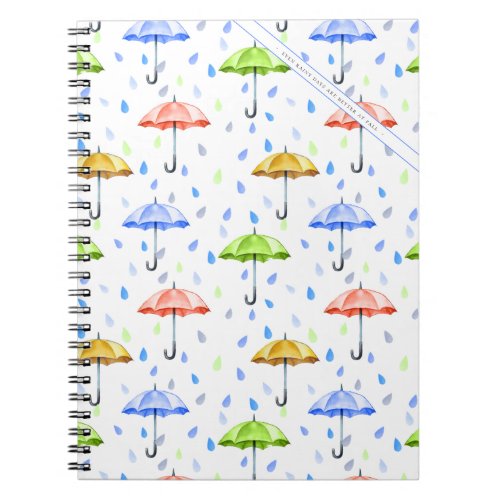 Colorful Watercolor Umbrellas and Rain Drops Fall Notebook