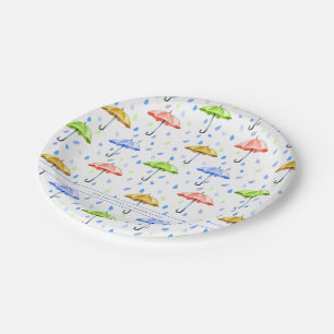 Colorful Watercolor Umbrellas and Rain Drops Fall Paper Plates