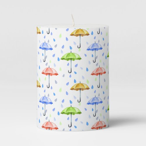 Colorful Watercolor Umbrellas and Rain Drops Fall Pillar Candle