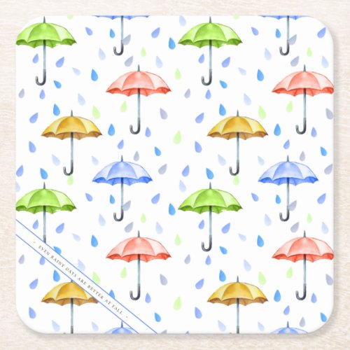 Colorful Watercolor Umbrellas and Rain Drops Fall Square Paper Coaster