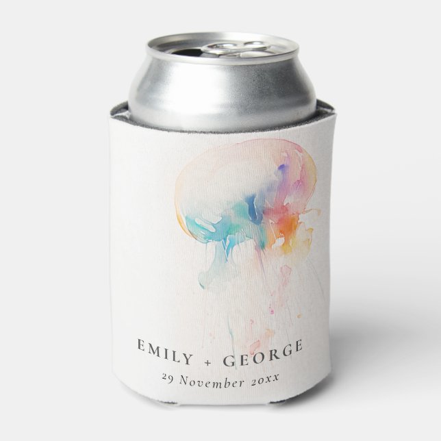 Colorful Watercolor Underwater Jellyfish Wedding Can Cooler (Can Front)
