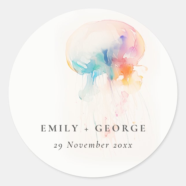 Colorful Watercolor Underwater Jellyfish Wedding Classic Round Sticker (Front)