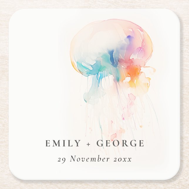 Colorful Watercolor Underwater Jellyfish Wedding Square Paper Coaster (Front)
