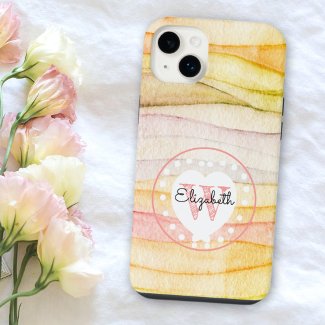 Colorful Watercolor Waves Monogram White Heart 