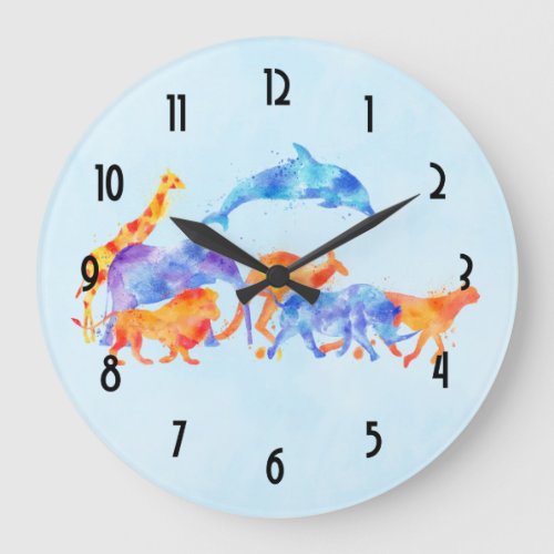 Colorful Watercolor Wild Animal Herd Running Free Large Clock