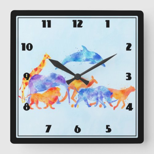 Colorful Watercolor Wild Animal Herd Running Free Square Wall Clock