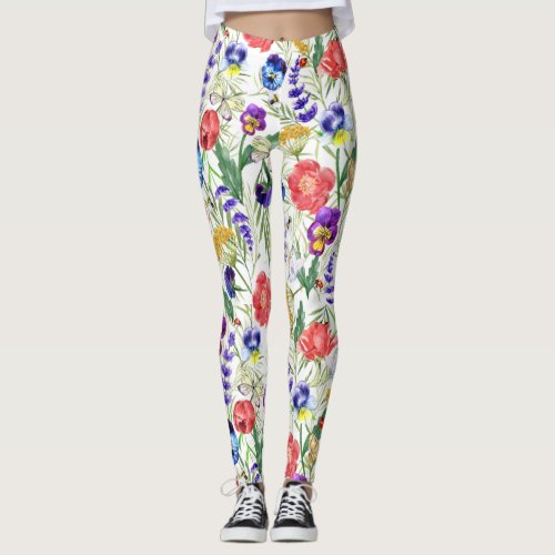 Colorful Watercolor Wild Flowers Poppies Leggings