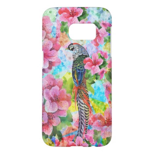 Colorful Watercolor Wild Pheasant  Pink Flowers Samsung Galaxy S7 Case
