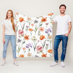 Colorful Watercolor Wildflower Floral Pattern Fleece Blanket