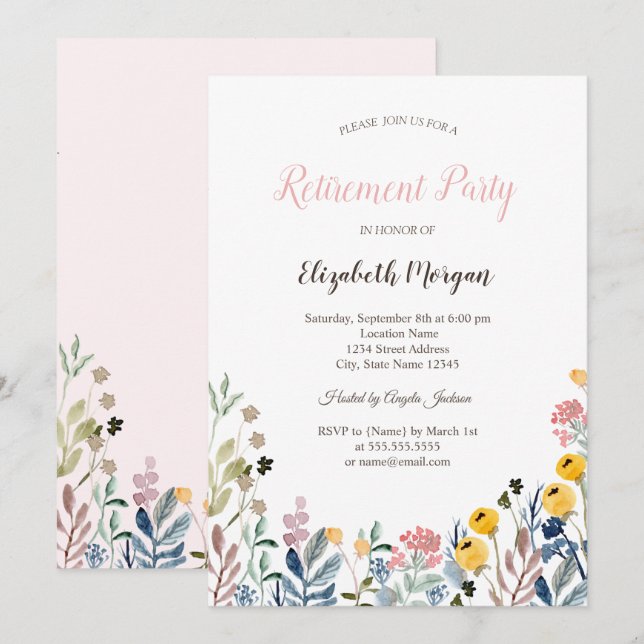 Colorful Watercolor Wildflower Meadow  Retirement  Invitation (Front/Back)