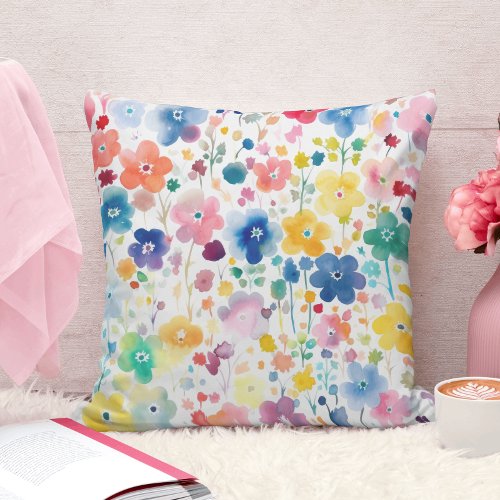 Colorful Watercolor Wildflower Pattern Throw Pillow