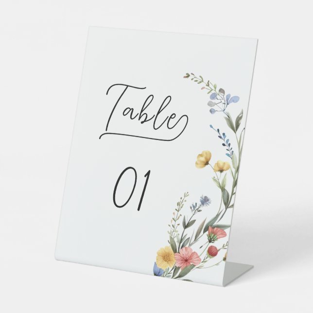 Colorful Watercolor Wildflower Table Numbers Pedestal Sign (Front)