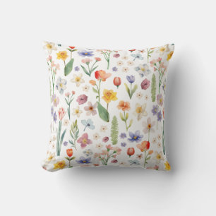 Colorful Watercolor Wildflower Throw Pillow 