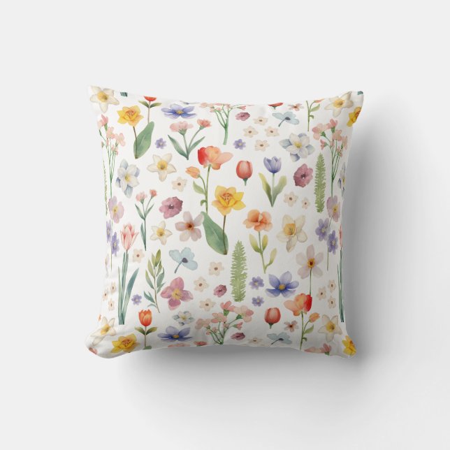 Colorful Watercolor Wildflower Throw Pillow  (Front)