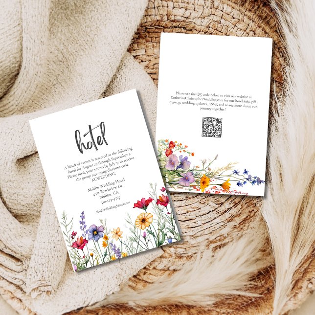 Colorful Watercolor Wildflower Wedding Hotel Enclosure Card (Colorful Watercolor Wildflowers Wedding Hotel Enclosure Card with QR code, Pink Purple Yellow Flower)