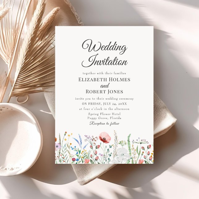 Colorful Watercolor Wildflower Wedding Invitation (Colorful Watercolor Wildflower Wedding Invitation on a neutral boho wedding table.)