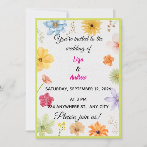 Colorful Watercolor Wildflower Wedding Invitation
