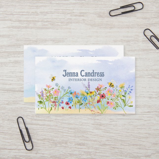 Colorful Watercolor Wildflowers  Business Card (Front/Back In Situ)