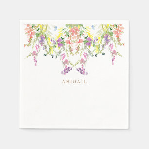 Colorful Watercolor Wildflowers Custom Gold Name Napkins