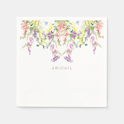 Colorful Watercolor Wildflowers Custom Gold Name Napkins