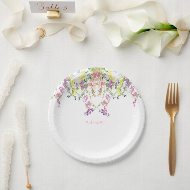 Colorful Watercolor Wildflowers Custom Name Paper Plates (Wedding)