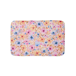 Colorful Watercolor Wildflowers Floral Pattern Bath Mat