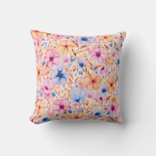 Colorful Watercolor Wildflowers Floral Pattern Throw Pillow