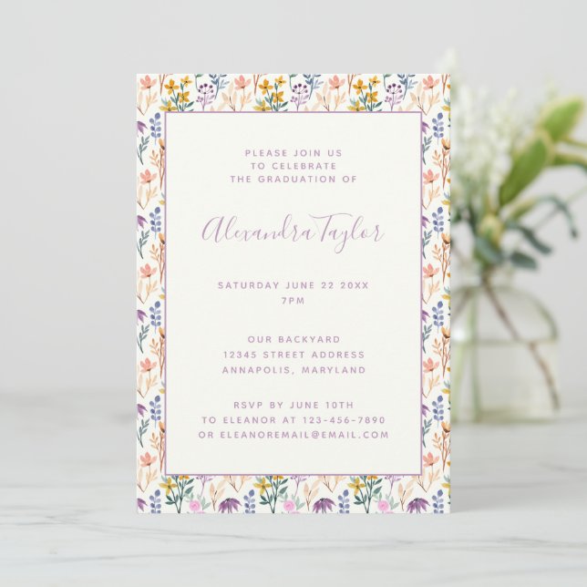 Colorful Watercolor Wildflowers Graduation Party Invitation (Standing Front)