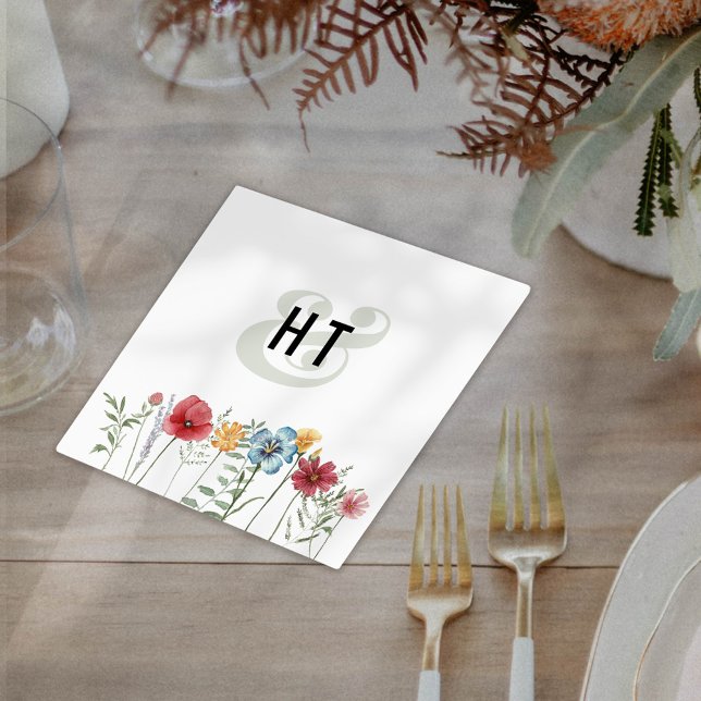 Colorful Watercolor Wildflowers Modern Monogram Napkins (Creator Uploaded)