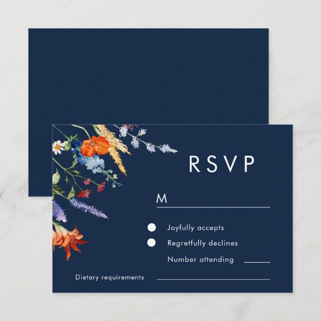 Colorful Watercolor Wildflowers Navy Wedding RSVP Card (Front/Back)