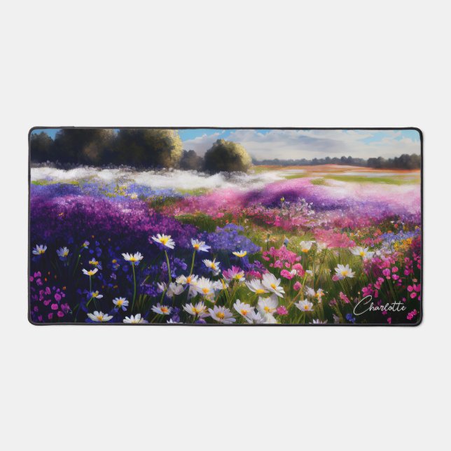 Colorful Watercolor Wildflowers Personalized Name Desk Mat (Front)