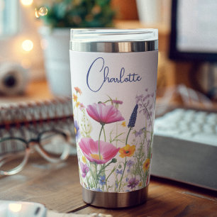 Colorful Watercolor Wildflowers Personalized Name Insulated Tumbler