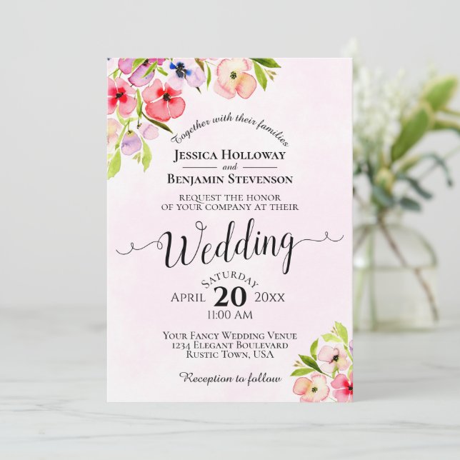 Colorful Watercolor Wildflowers Pink Wedding Invitation (Standing Front)
