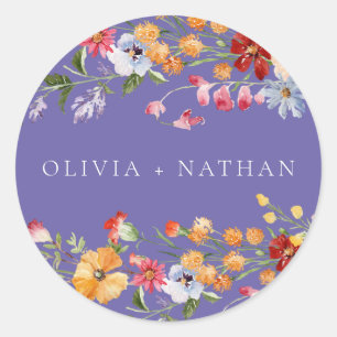 Colorful Watercolor Wildflowers Purple Wedding Classic Round Sticker