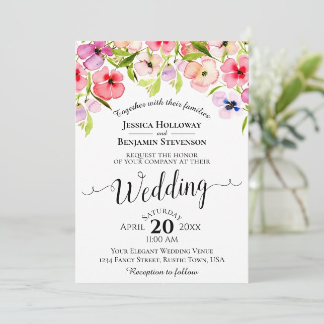Colorful Watercolor Wildflowers Spring Wedding Invitation (Standing Front)