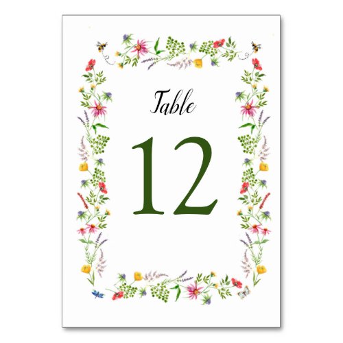 Colorful watercolor Wildflowers Table Numbers