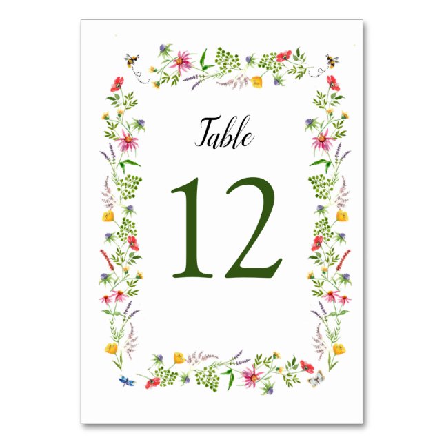 Colorful watercolor Wildflowers Table Numbers (Front)