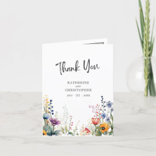 Colorful Watercolor Wildflowers Wedding Photo Thank You Card