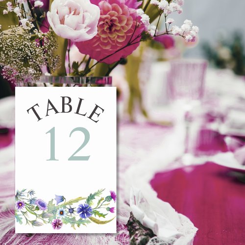 Colorful watercolor wildflowers wedding table number
